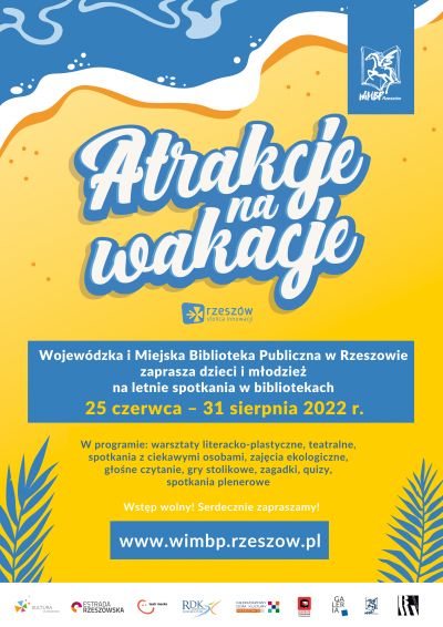 Grafika promująca Atrakcje na wakacje - letnie spotkania w bibliotekach